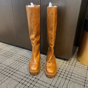 NWT ZARA Low Heeled Chunky Lug Sole Leather Tall Boots Camel 39/8